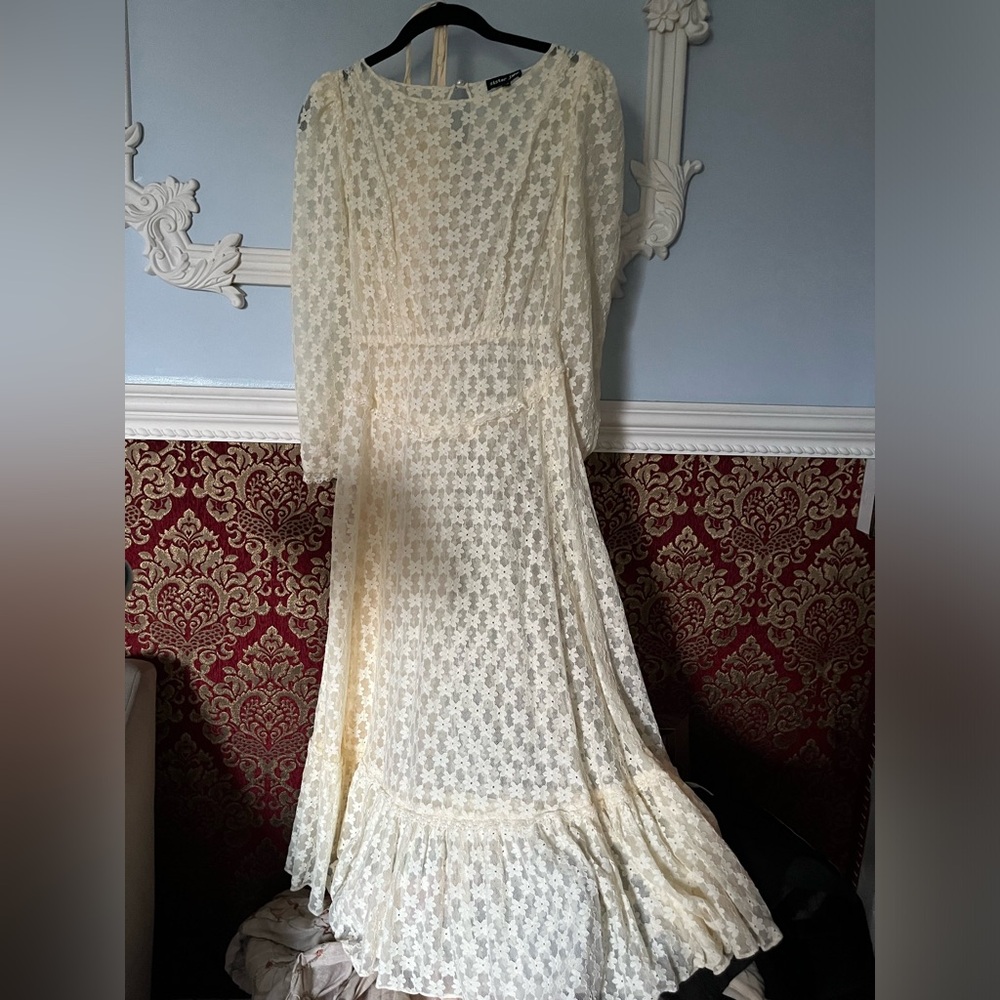 Sister Jane Cream Floral Lace Midi Dress with Ruffle Hem